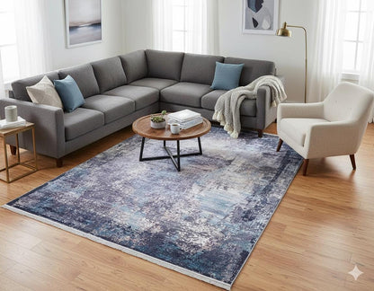 Distressed Abstract Area Rug – Washable Blue Grey Vintage Style Carpet