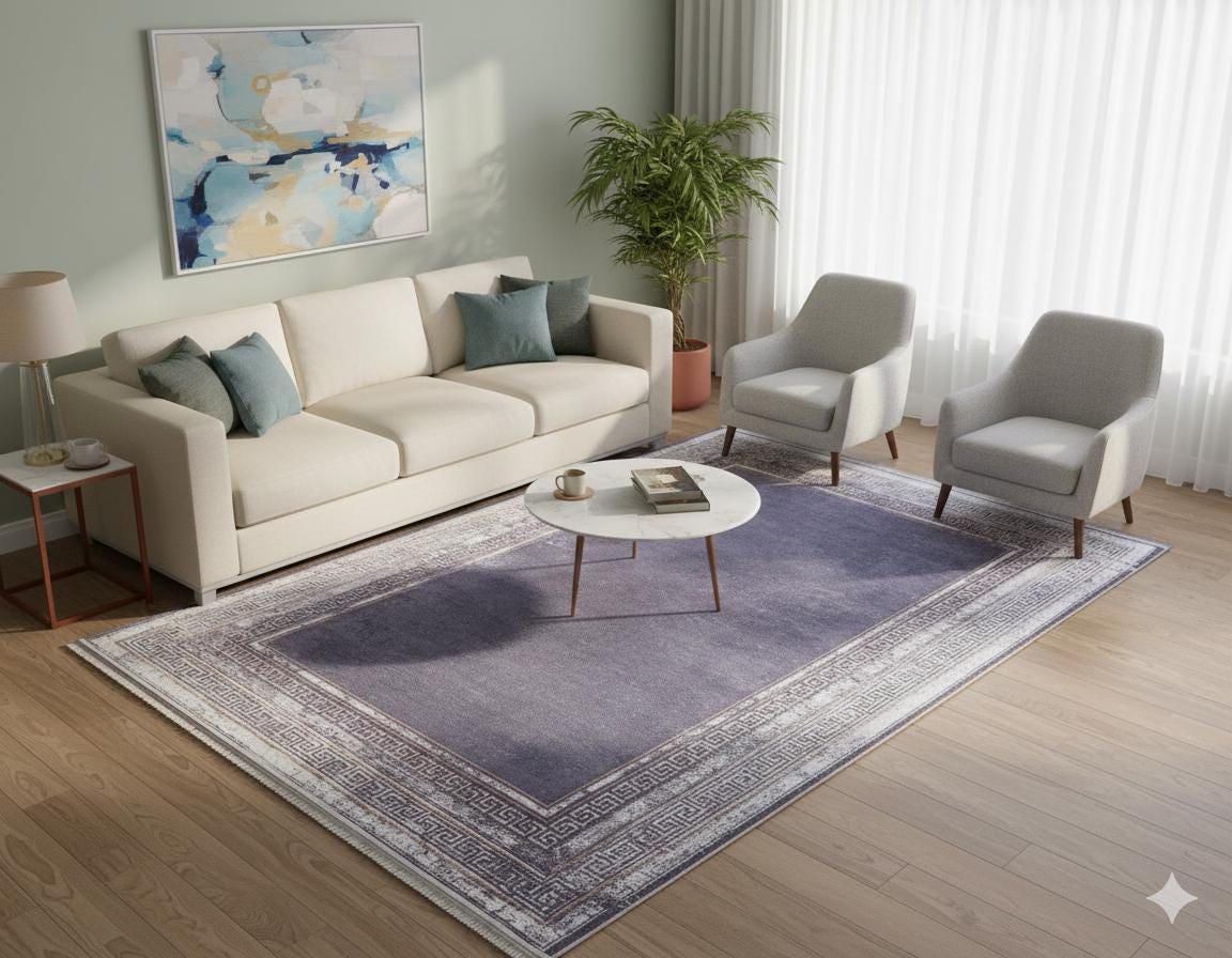 Distressed Lavender Area Rug | Greek Key Border, Vintage Style, Low Pile Carpet