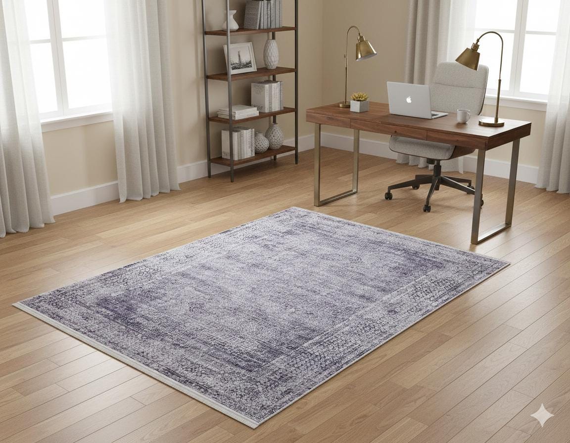 Distressed Purple Persian Style Medallion Carpet, Faded Lavender Living Room Rug