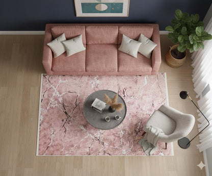 Pink Marble Area Rug – Rose Gold Mauve Washable Boho Carpet, Non-Slip Low Pile