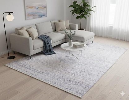 Distressed Linear Abstract Area Rug – Blue White Minimalist Carpet, Washable Non-Shedding
