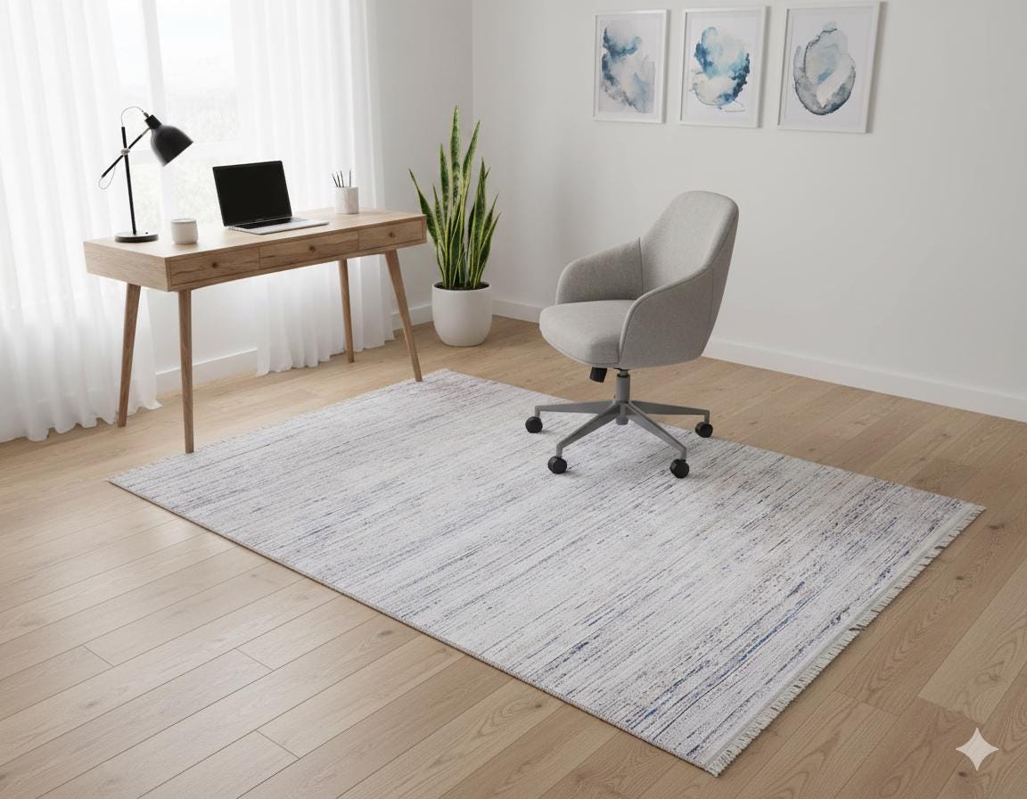 Distressed Linear Abstract Area Rug – Blue White Minimalist Carpet, Washable Non-Shedding