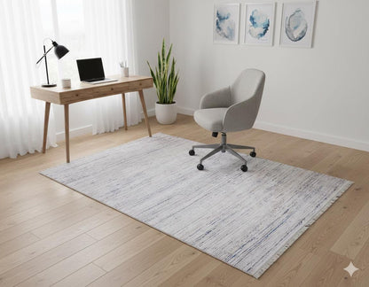 Distressed Linear Abstract Area Rug – Blue White Minimalist Carpet, Washable Non-Shedding