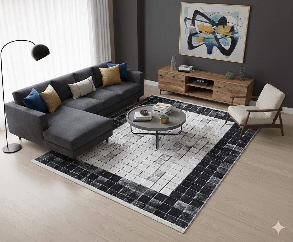 Black White Geometric Washable Rug, Minimalist Checkered Carpet, Scandinavian Floor Decor