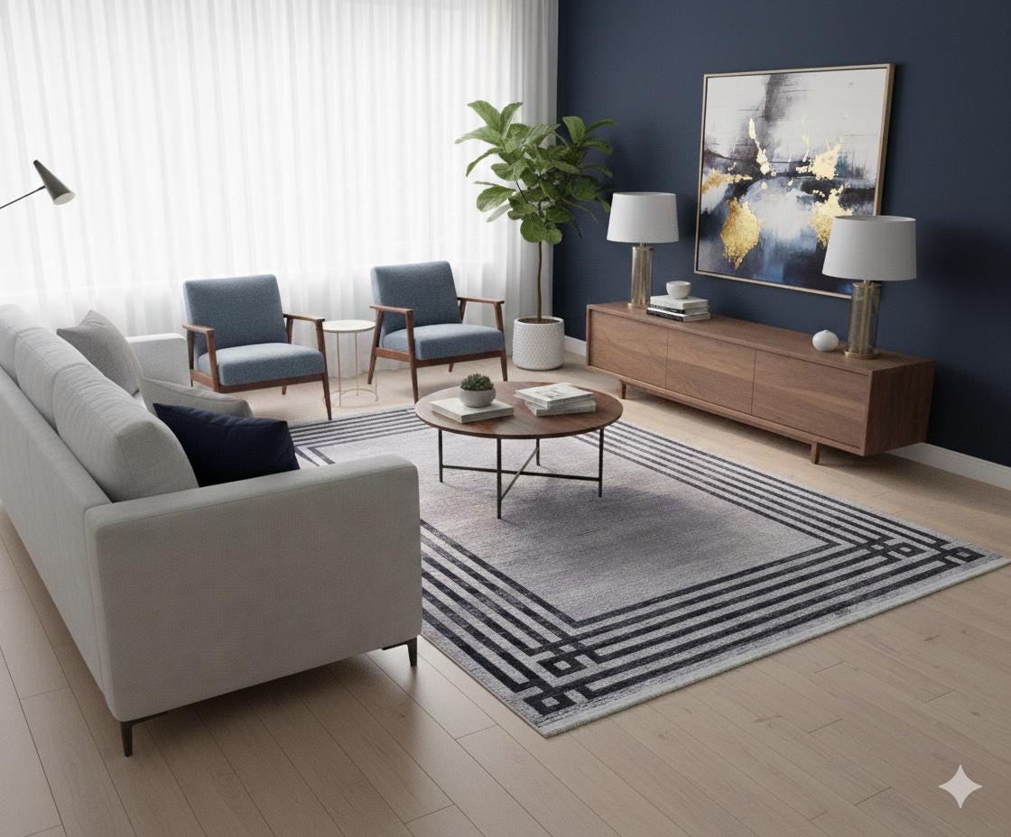 Modern Geometric Area Rug, Grey Black Border Living Room Carpet, Washable Floor Mat