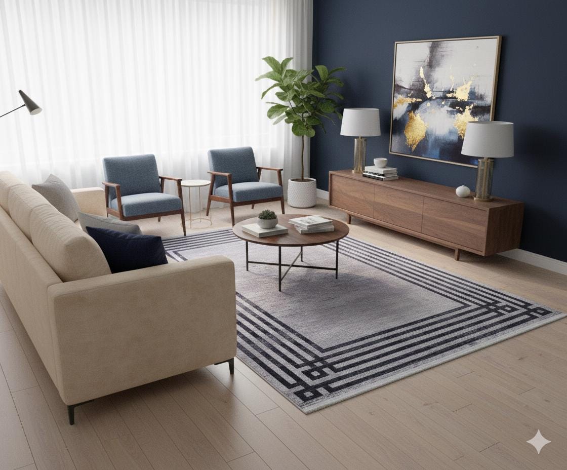 Modern Geometric Area Rug, Grey Black Border Living Room Carpet, Washable Floor Mat