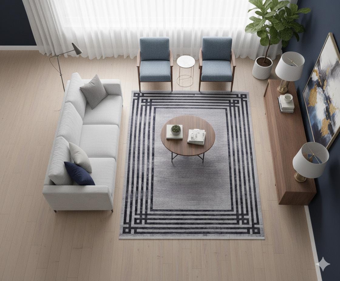 Modern Geometric Area Rug, Grey Black Border Living Room Carpet, Washable Floor Mat
