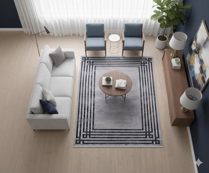 Modern Geometric Area Rug, Grey Black Border Living Room Carpet, Washable Floor Mat