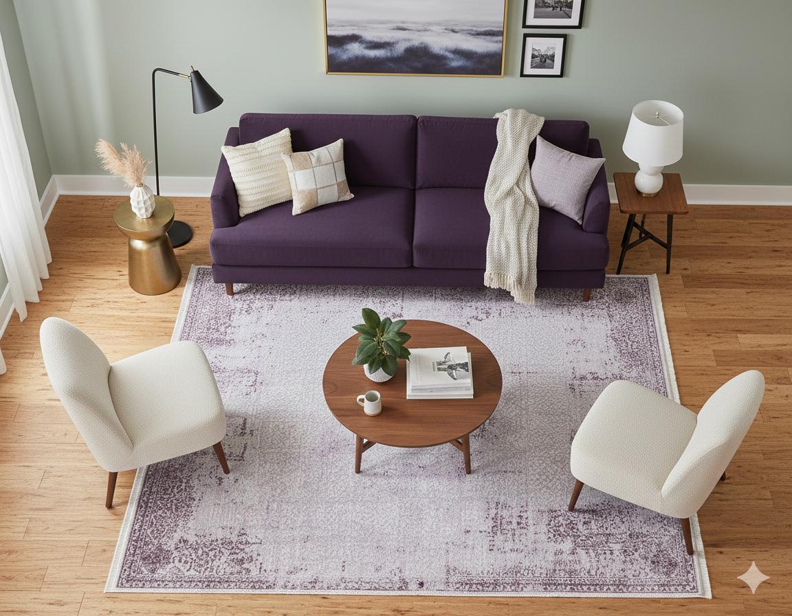 Distressed Lavender Medallion Rug – Washable, Low Pile Area Carpet (Pet-Friendly)