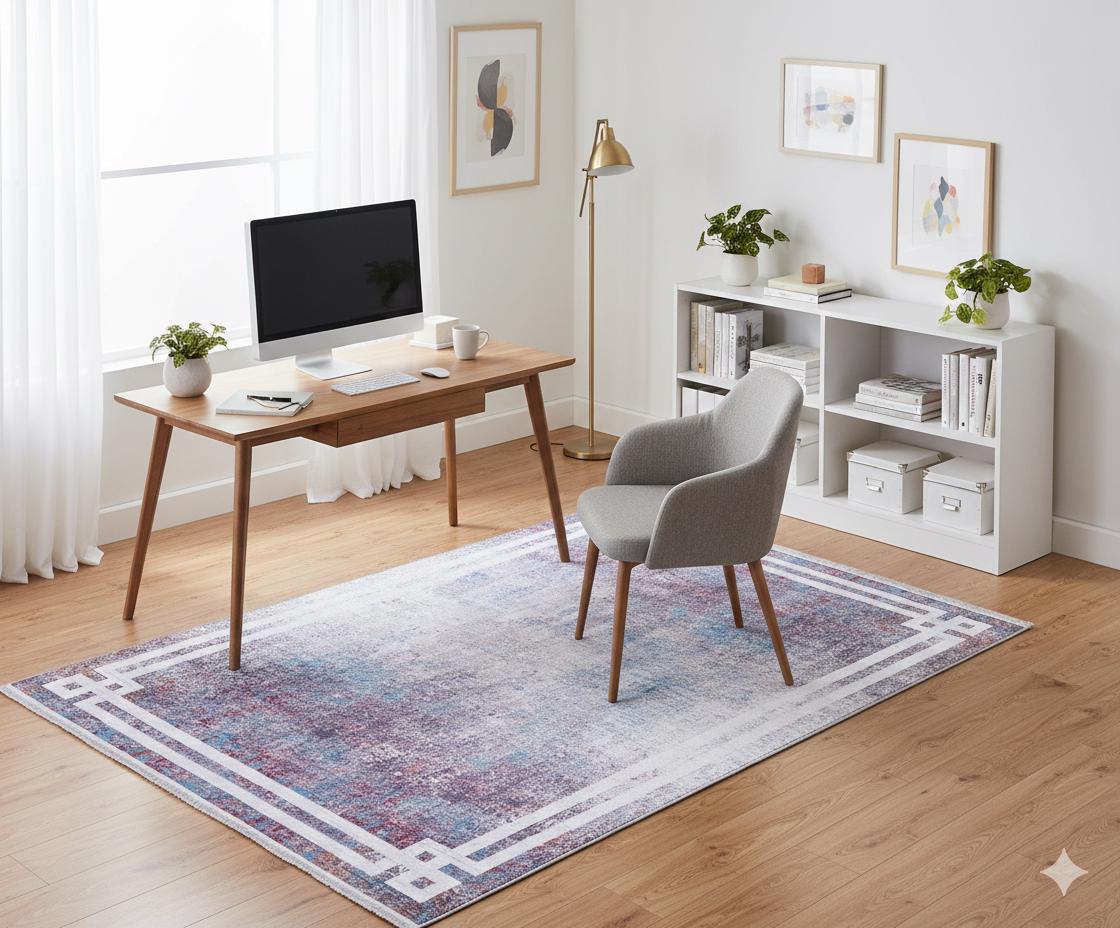 Modern Distressed Area Rug – Purple Blue Abstract Transitional Carpet, Pet Friendly