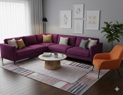 Purple Burnt Orange Geometric Abstract Low Pile Boho Living Room Rug