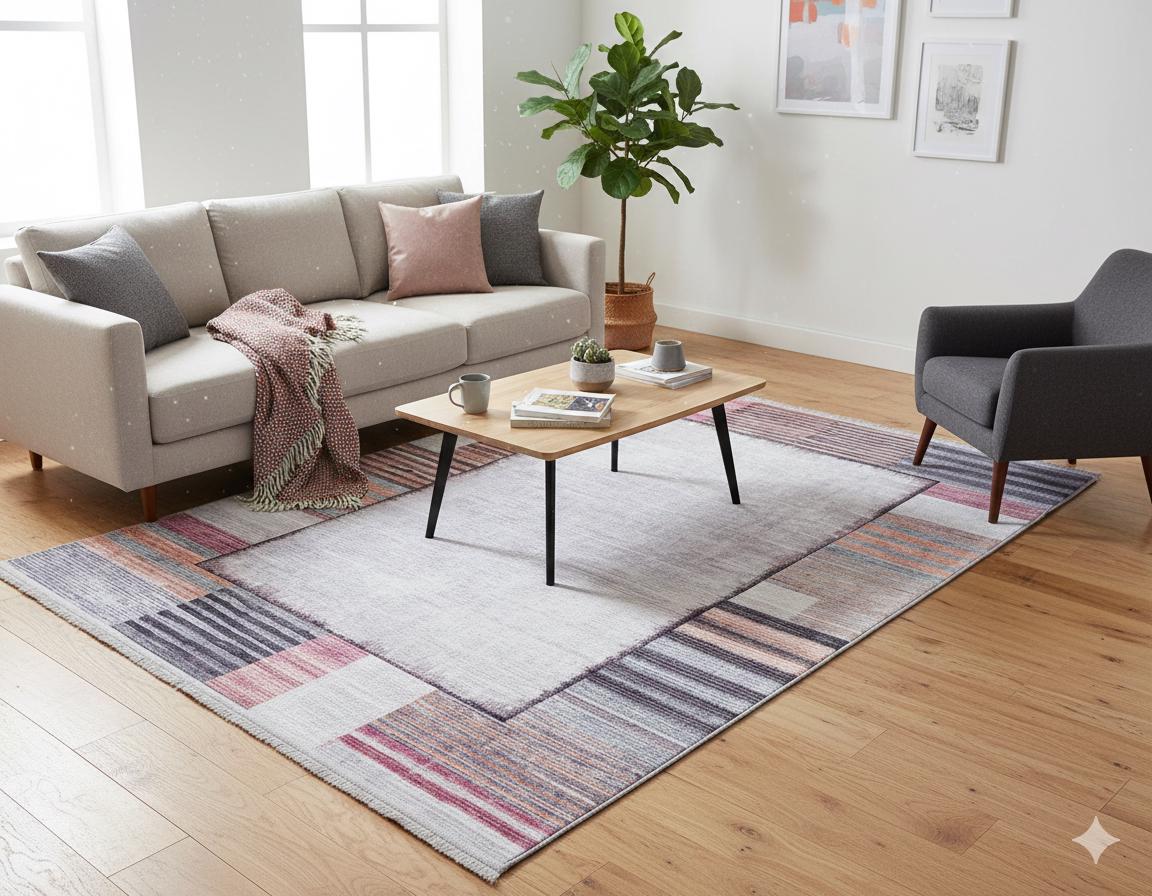 Purple Burnt Orange Geometric Abstract Low Pile Boho Living Room Rug