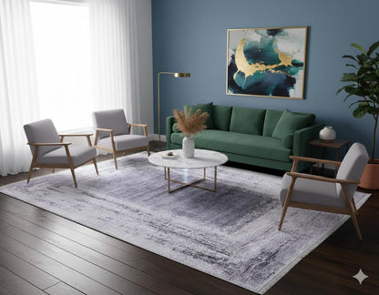 Distressed Gray Purple Abstract Area Rug, Washable Boho Carpet, Vintage Framed Design