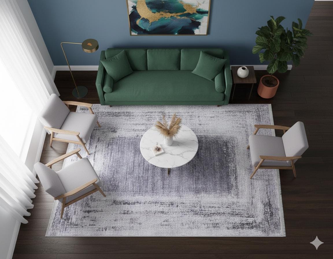 Distressed Gray Purple Abstract Area Rug, Washable Boho Carpet, Vintage Framed Design
