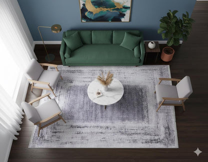 Distressed Gray Purple Abstract Area Rug, Washable Boho Carpet, Vintage Framed Design