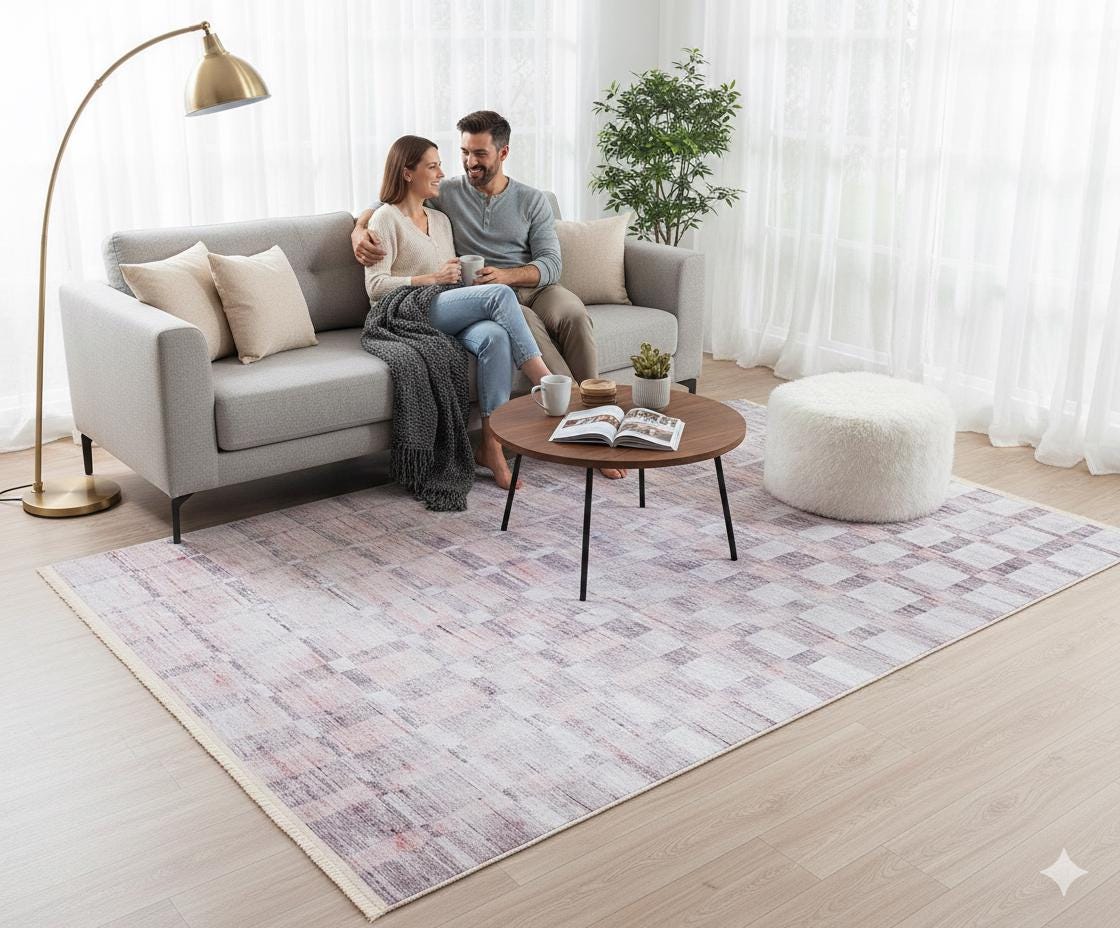 Geometric Beige Rug: Modern Turkish Style, Washable Carpet