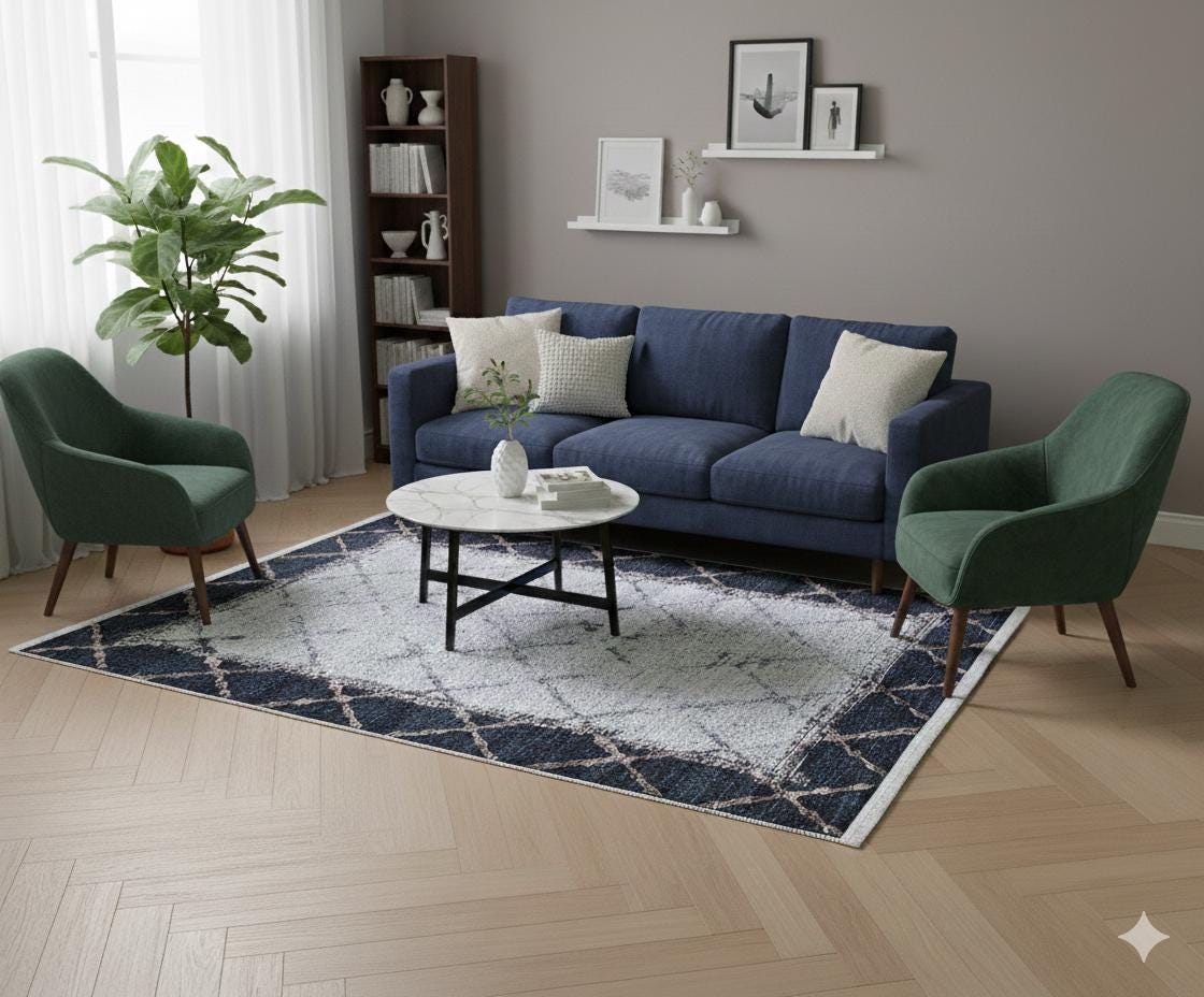 Distressed Teal Lattice Area Rug – Faded Geometric Carpet for Living Room