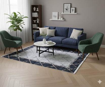 Distressed Teal Lattice Area Rug – Faded Geometric Carpet for Living Room