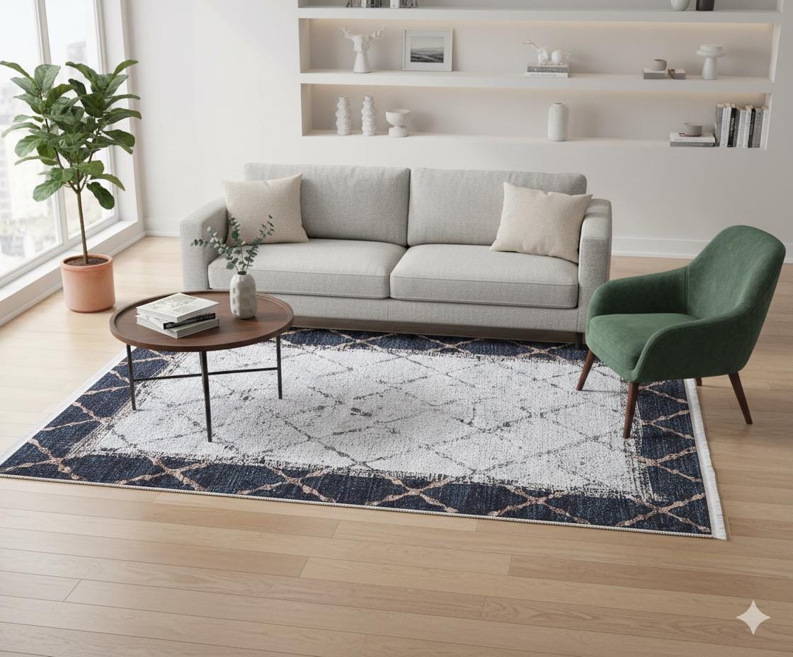 Distressed Teal Lattice Area Rug – Faded Geometric Carpet for Living Room