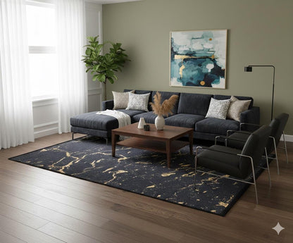 Washable Marble Area Rug – Charcoal Gold Veining, Modern Abstract Carpet