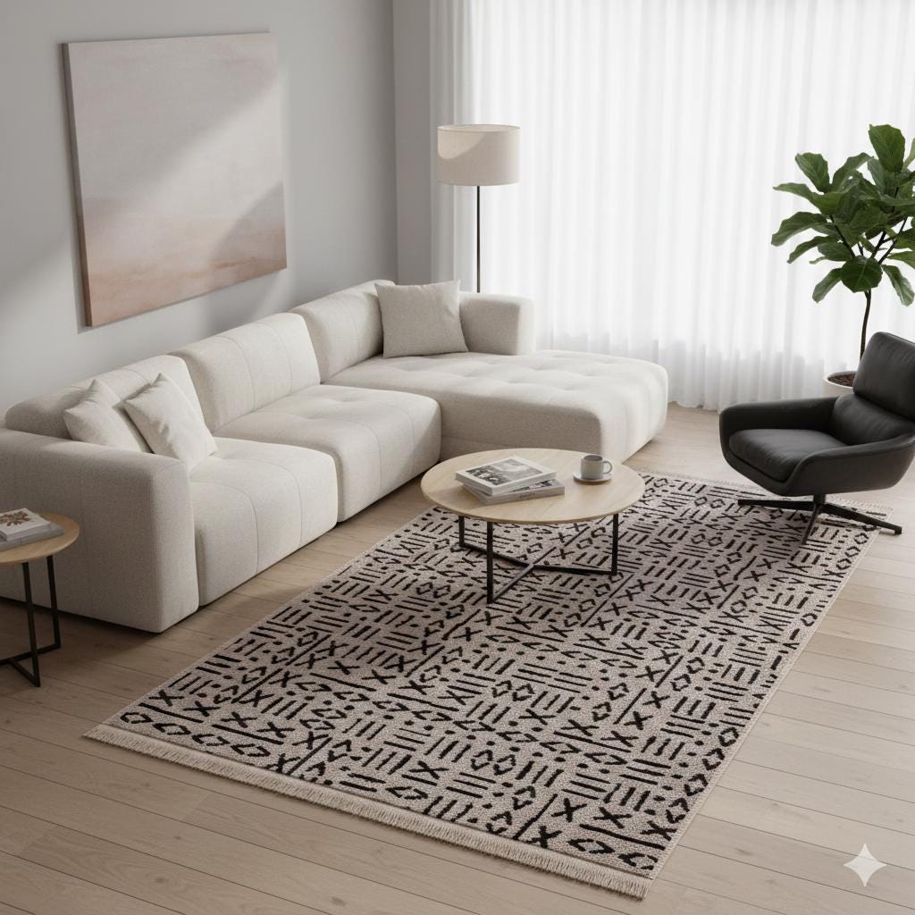 Mudcloth Tribal Area Rug, Black Ivory Fringe, Modern Scandinavian Carpet