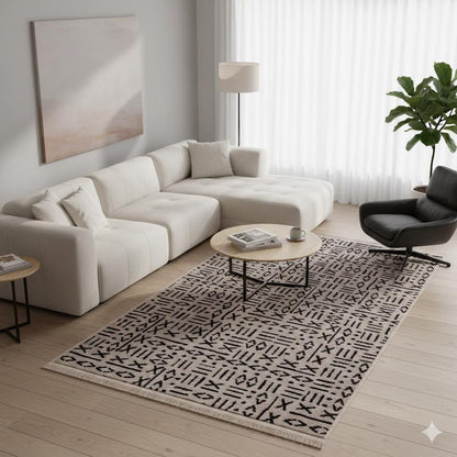 Mudcloth Tribal Area Rug, Black Ivory Fringe, Modern Scandinavian Carpet
