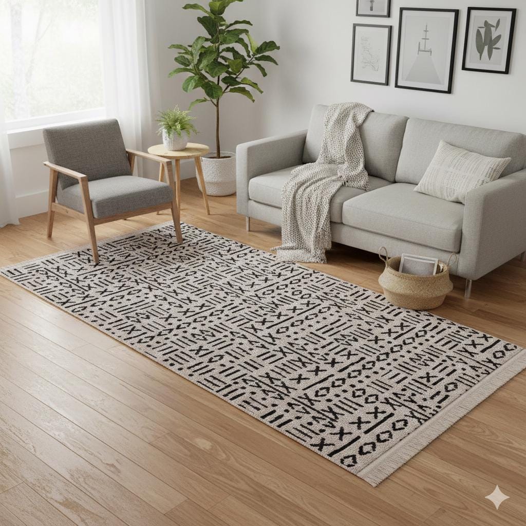 Mudcloth Tribal Area Rug, Black Ivory Fringe, Modern Scandinavian Carpet