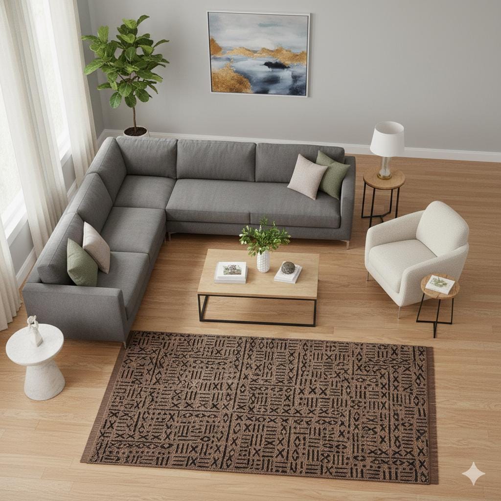 Modern Tribal Washable Cotton Rug – Brown & Black Geometric Boho Area Carpet with Fringe