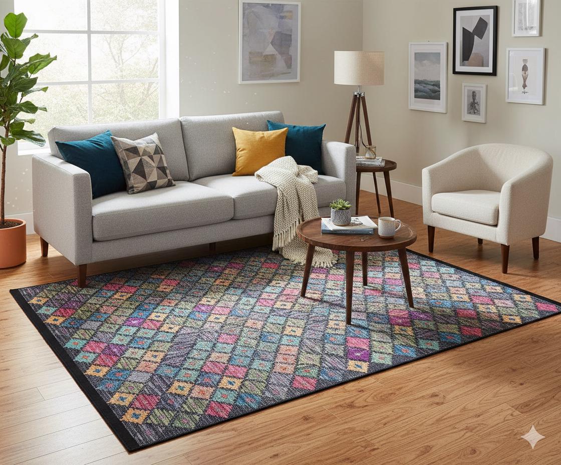 Washable Geometric Diamond Area Rug – Vibrant Boho Flatweave Carpet