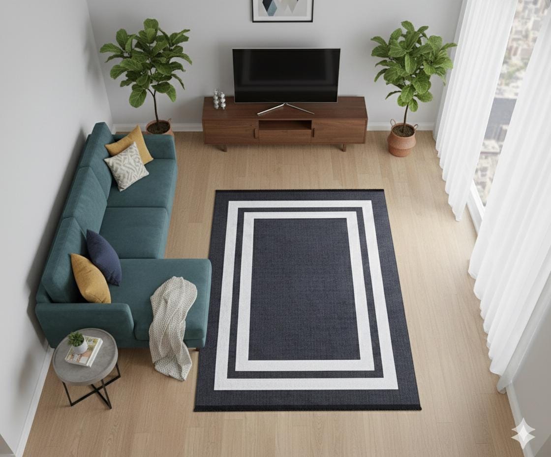Modern Geometric Border Rug – Machine Washable Charcoal Black Area Rug