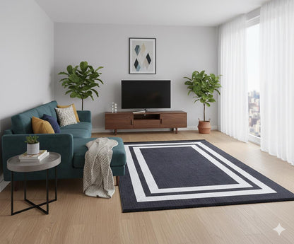 Modern Geometric Border Rug – Machine Washable Charcoal Black Area Rug