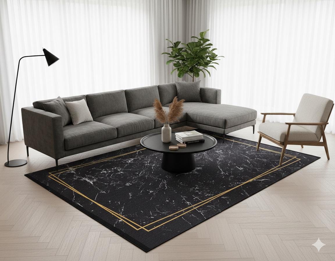 Modern Black Marble Area Rug – Gold Geometric Border, Washable Non-Slip Carpet