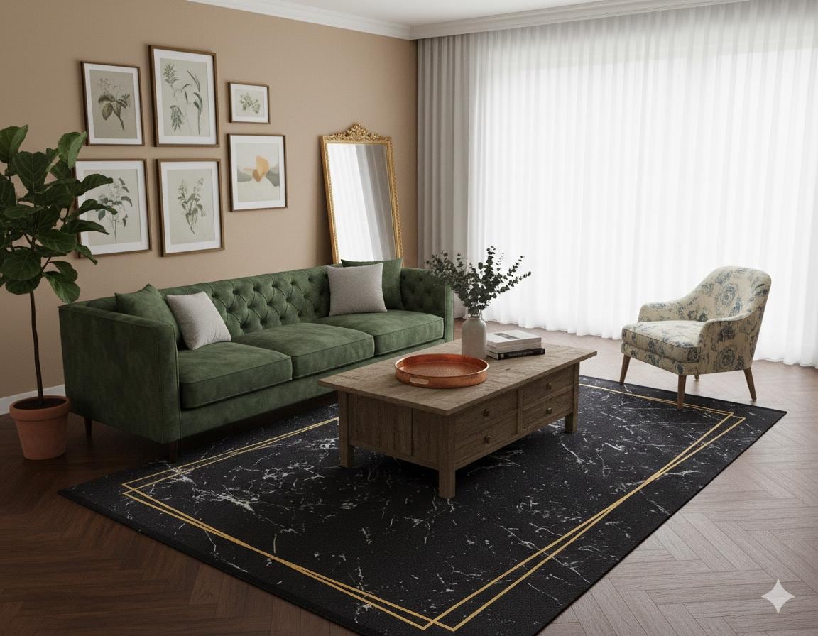 Modern Black Marble Area Rug – Gold Geometric Border, Washable Non-Slip Carpet