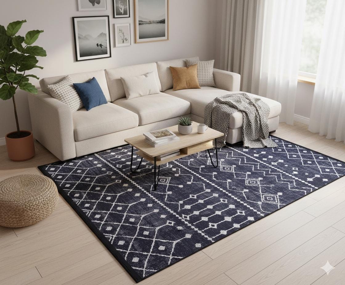 Modern Geometric Washable Area Rug – Black & White Tribal Boho Non-Slip Carpet