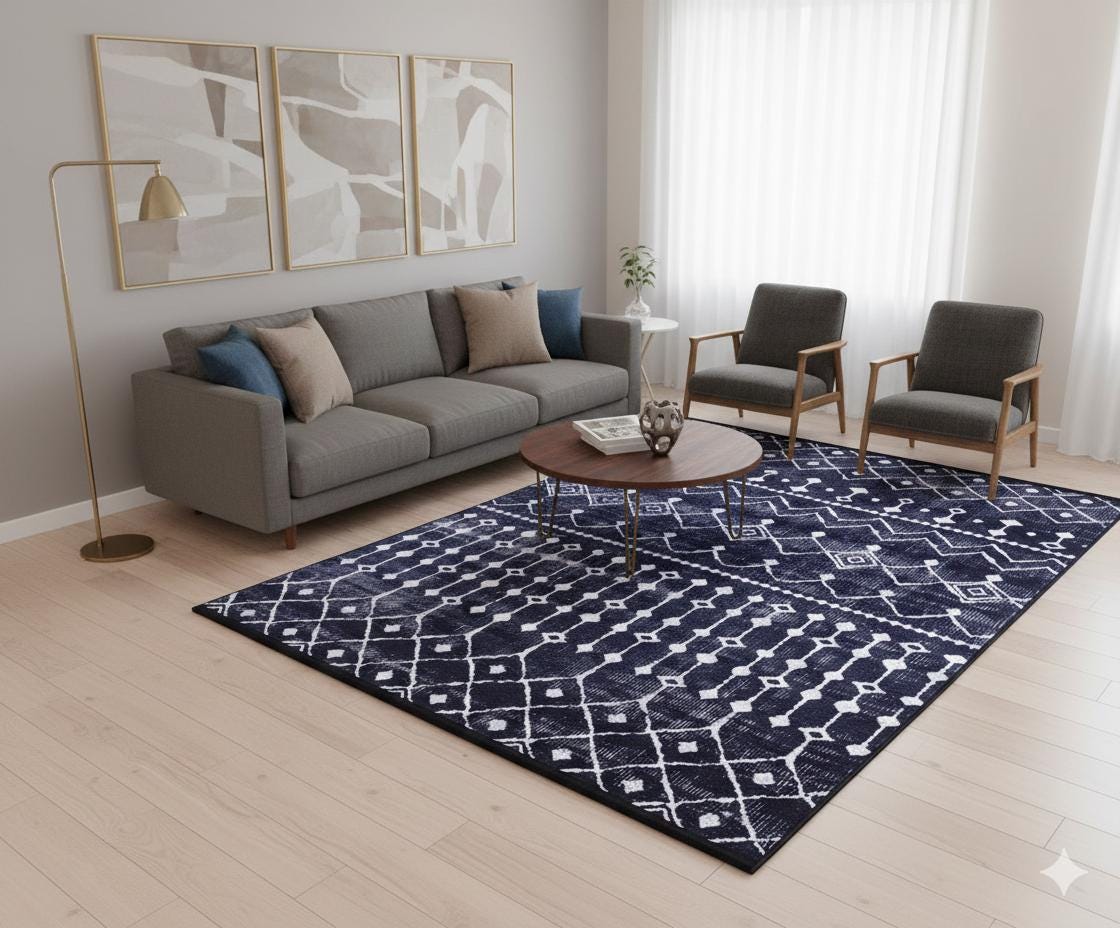 Modern Geometric Washable Area Rug – Black & White Tribal Boho Non-Slip Carpet