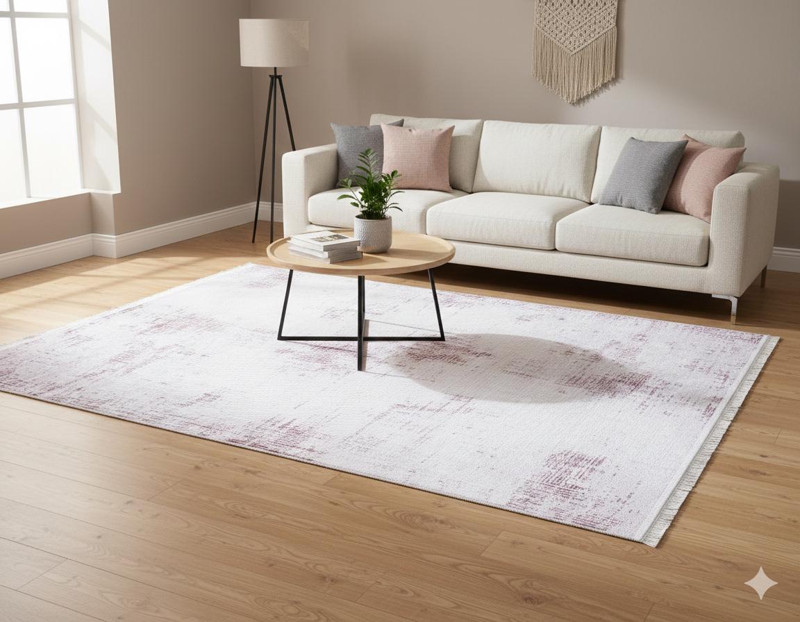 Distressed White Pink Vintage Style Area Rug, Modern Minimalist Carpet