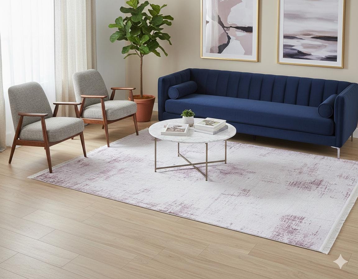 Distressed White Pink Vintage Style Area Rug, Modern Minimalist Carpet