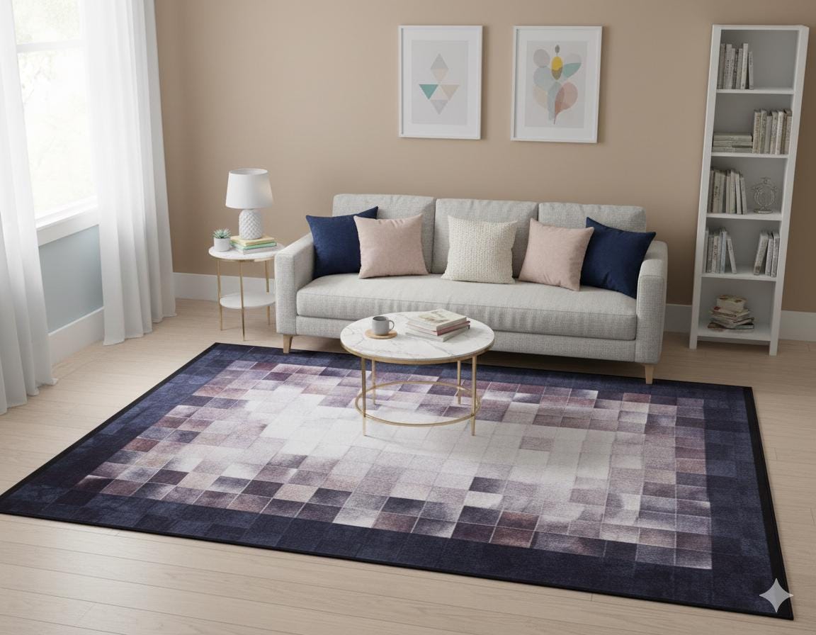 Modern Patchwork Area Rug – Geometric Mosaic Living Room Carpet, Neutral Mauve Beige Floor Rug