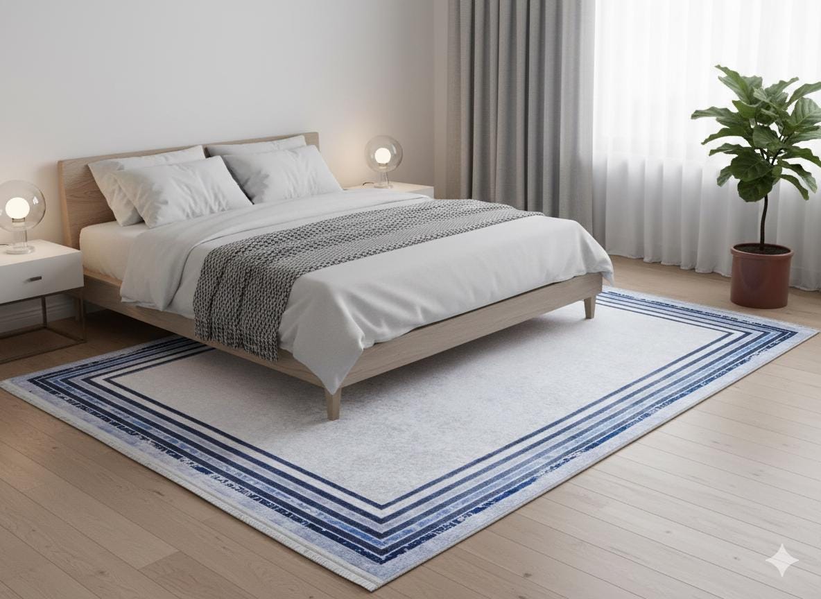 Modern Blue Border Washable Area Rug – Distressed Gray Carpet, Coastal Farmhouse Decor