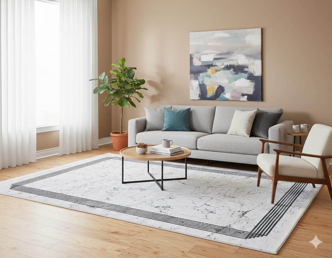 Modern Marble Washable Area Rug – Grey & White Minimalist Geometric Border Carpet