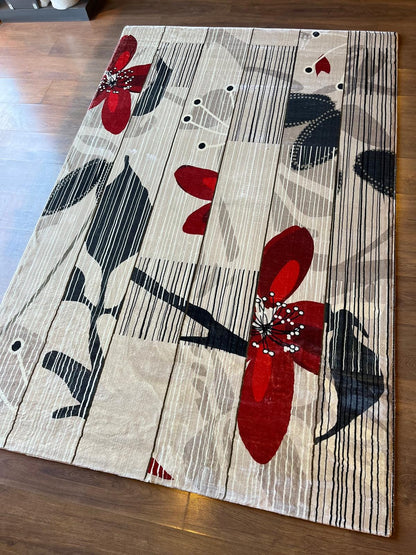 Modern Floral Abstract Area Rug – 5x8 Large Red Flower Art Carpet – Mid Century