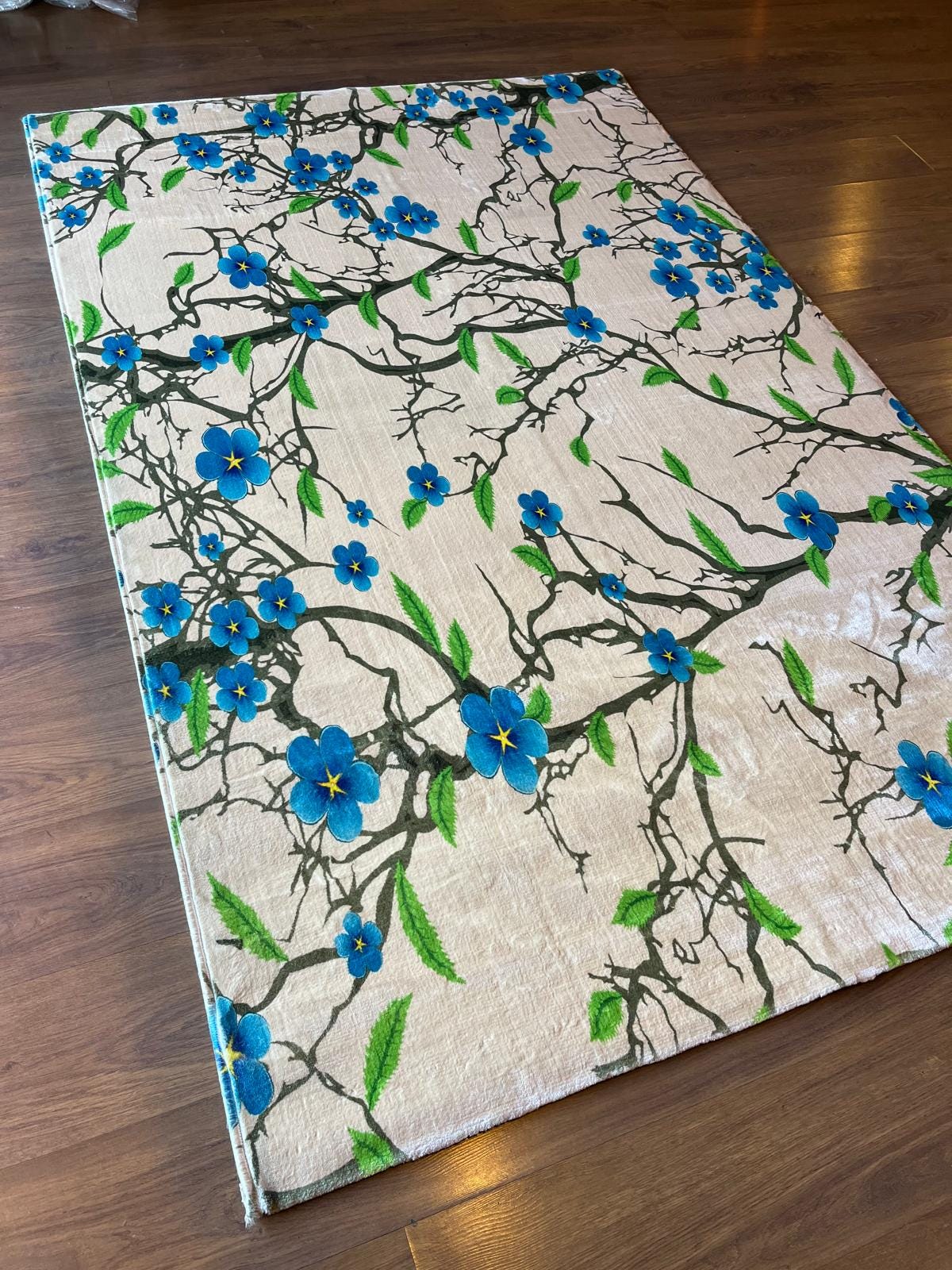 Blue Floral Branch Area Rug, 5x8 Large Modern Cherry Blossom Carpet, Anti-Allergic