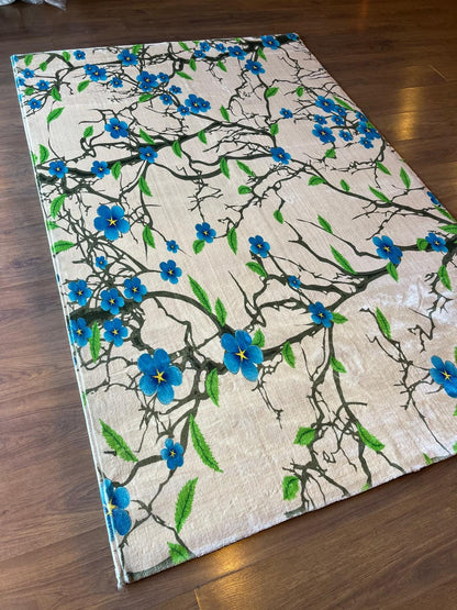 Blue Floral Branch Area Rug, 5x8 Large Modern Cherry Blossom Carpet, Anti-Allergic