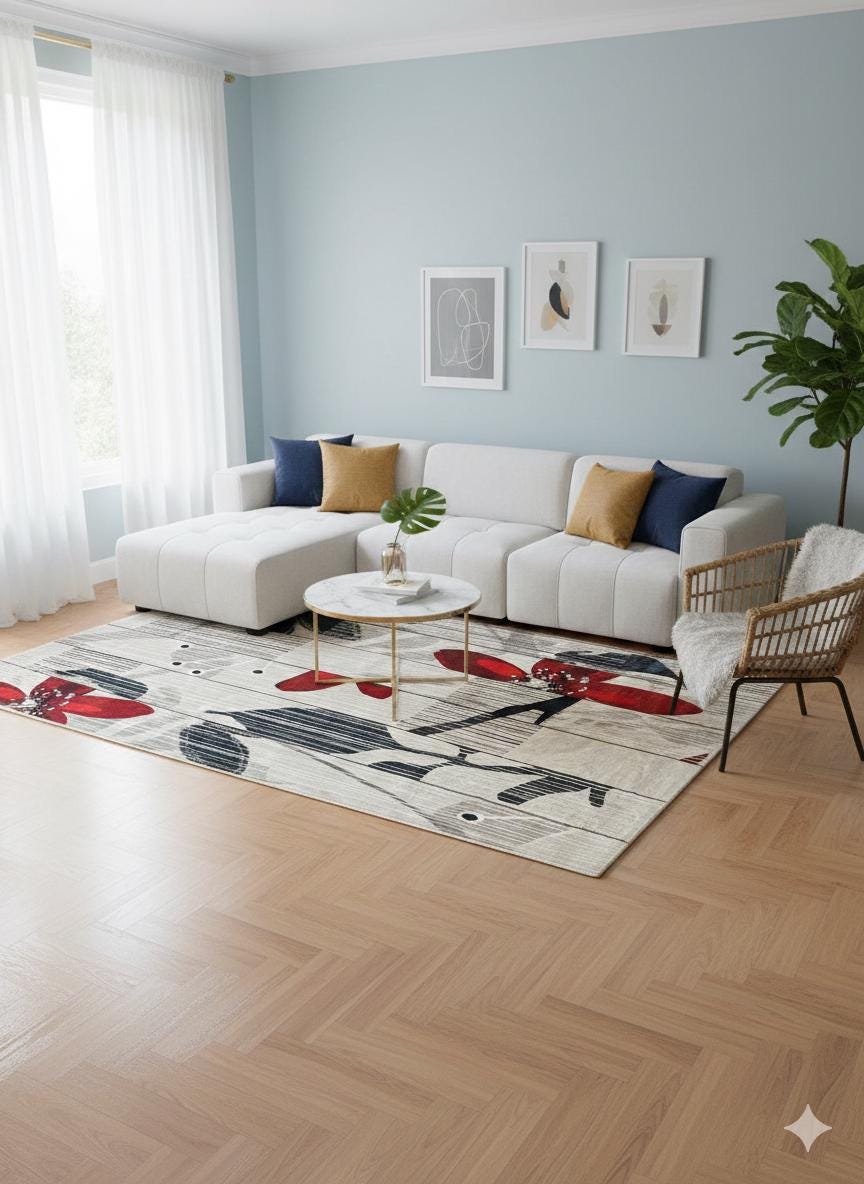 Modern Floral Abstract Area Rug – 5x8 Large Red Flower Art Carpet – Mid Century