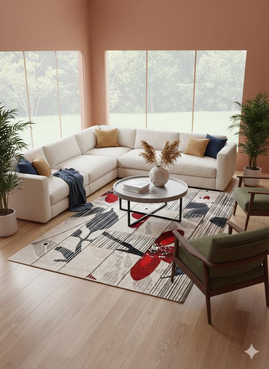 Modern Floral Abstract Area Rug – 5x8 Large Red Flower Art Carpet – Mid Century