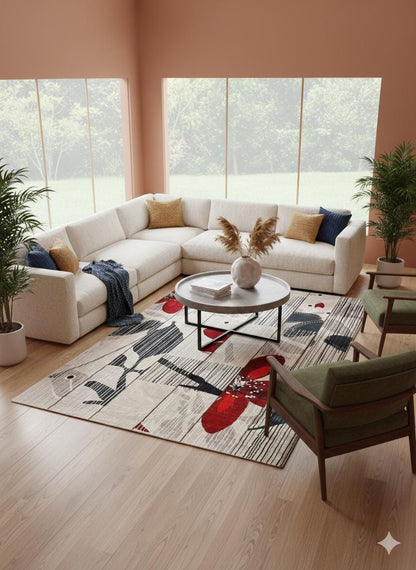 Modern Floral Abstract Area Rug – 5x8 Large Red Flower Art Carpet – Mid Century