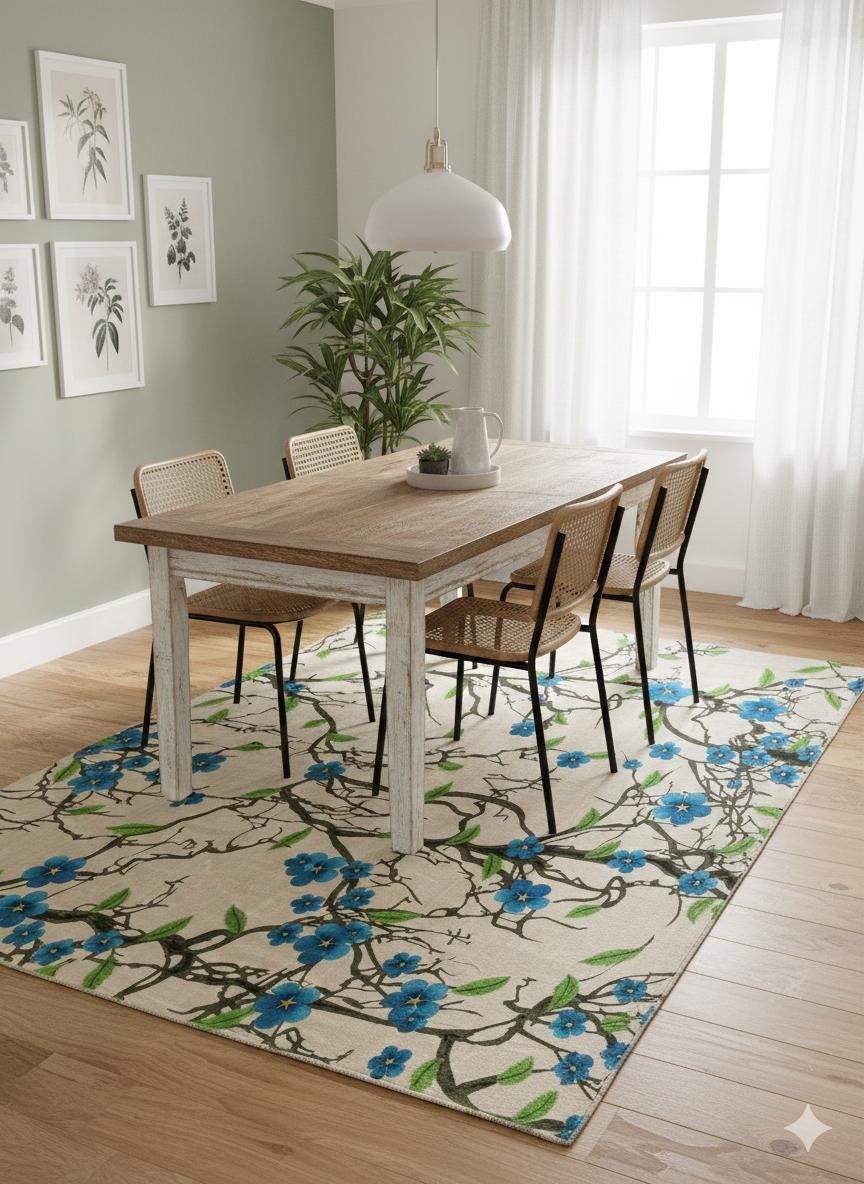 Blue Floral Branch Area Rug, 5x8 Large Modern Cherry Blossom Carpet, Anti-Allergic