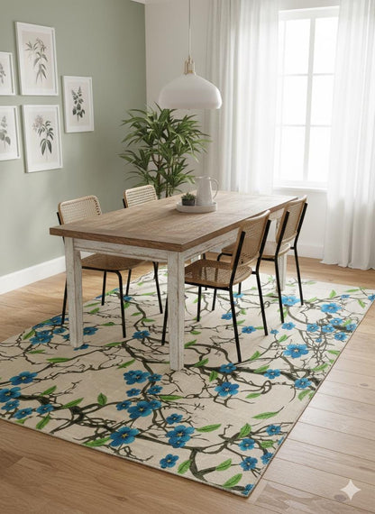Blue Floral Branch Area Rug, 5x8 Large Modern Cherry Blossom Carpet, Anti-Allergic