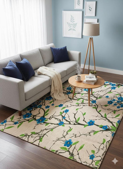 Blue Floral Branch Area Rug, 5x8 Large Modern Cherry Blossom Carpet, Anti-Allergic