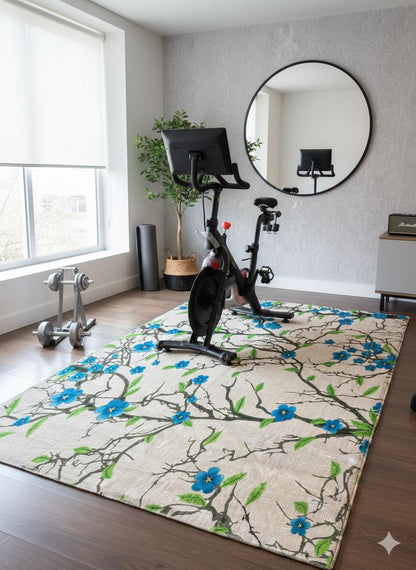 Blue Floral Branch Area Rug, 5x8 Large Modern Cherry Blossom Carpet, Anti-Allergic
